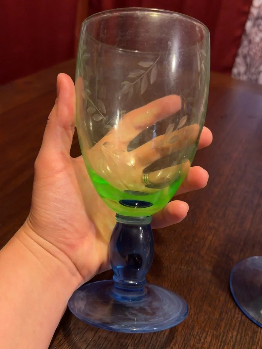 Vintage Etched Green and Blue Glass Goblets - Set of 2
